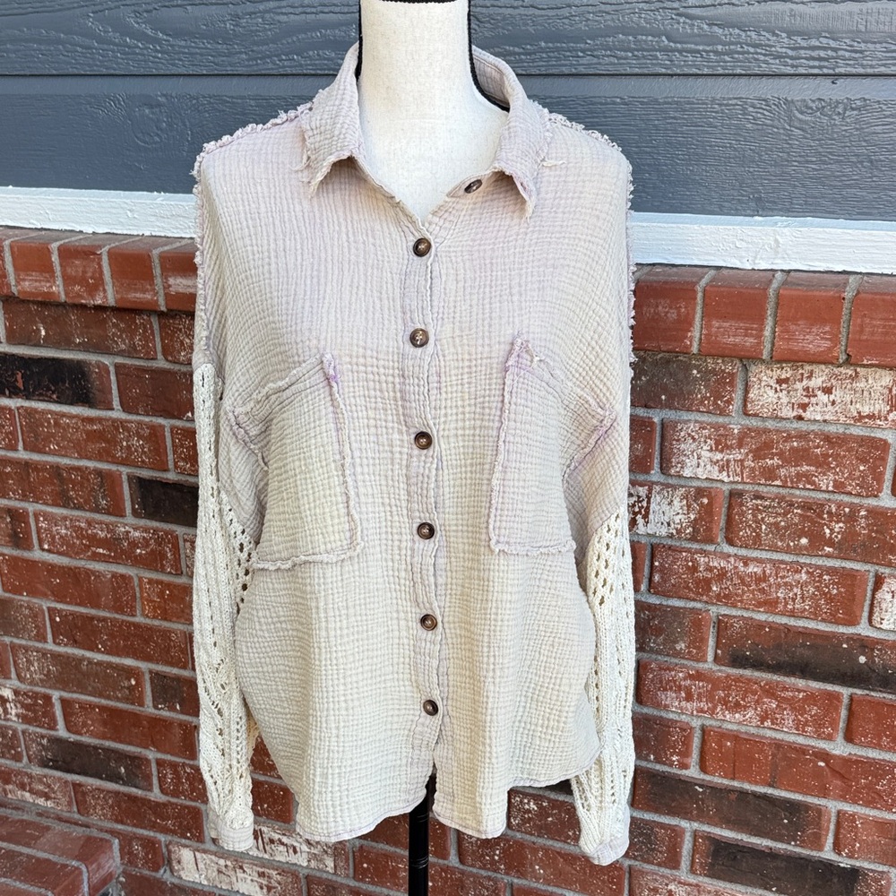 Pol Oversize Button Down Sweater Sleeve Gauze Contrast Sweater Shacket Shirt M